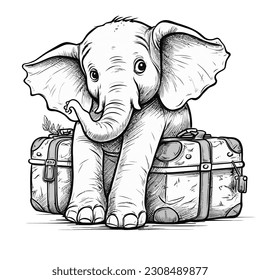 Vector Lineart, Elephant lying on the suitcase