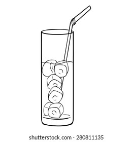 Vector Lineart Glass of Lemonade on the Rocks with a Straw