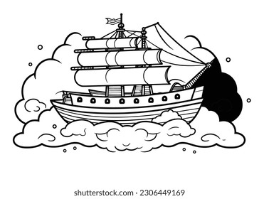 Vector Lineart Illustration, Old Ship with Fog Around