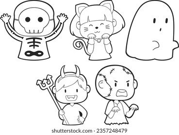 Vector Lineart of Kids in Halloween Costumes. Cute Simple icon Lineart without color