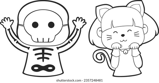 Vector Lineart of Kids in Halloween Costumes. Cute Simple icon Lineart without color