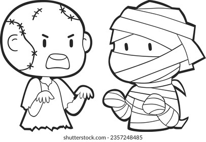 Vector Lineart of Kids in Halloween Costumes. Cute Simple icon Lineart without color