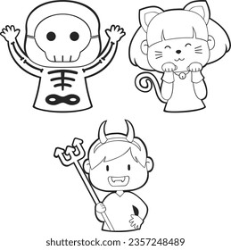 Vector Lineart of Kids in Halloween Costumes. Cute Simple icon Lineart without color