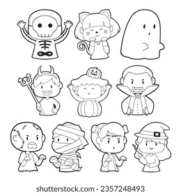 Vector Lineart of Kids in Halloween Costumes. Cute Simple icon Lineart without color