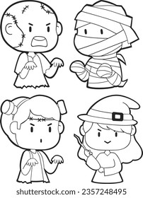 Vector Lineart of Kids in Halloween Costumes. Cute Simple icon Lineart without color