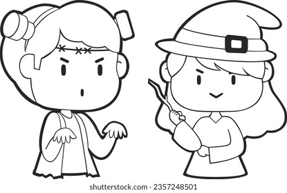 Vector Lineart of Kids in Halloween Costumes. Cute Simple icon Lineart without color