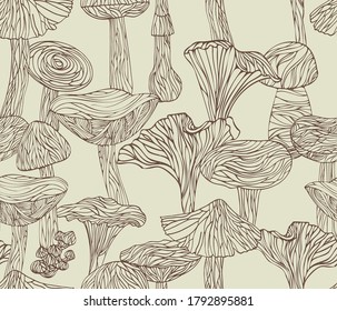 Vector lineart mushrooms seamless pattern, fungi graphic background