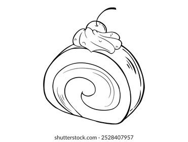 vector lineart of rolled sponge cake with whipped cream and cherry topping