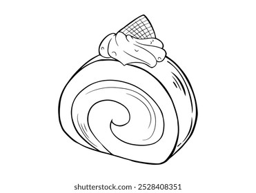 vector lineart of rolled sponge cake with whipped cream and wafer topping