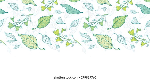 Vector lineart spring leaves horizontal border seamless pattern background