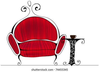 Vector line-art style illustration of cute and elegant retro armchair with table and coffee