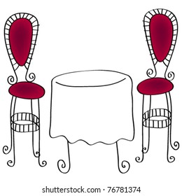 Vector line-art style illustration of cute and elegant retro cafe chairs with table