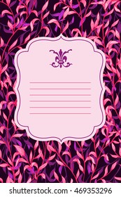 Vector lined decorative frame on floral background with spring leaves. Beautiful shape label, notebook design