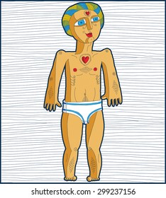 Vector lined illustration of nude man, Adam. Hand drawn art image of person isolated on white symbolizing love and goodness. Anthropomorphic character.