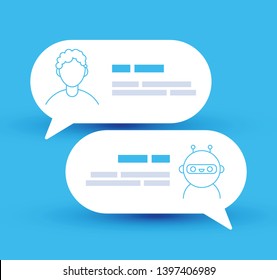 Vector lined modern style vector illustration icon design. Chat bot robot concept, Dialog help service.Cute smiling chat bot is chatting with a person man. Vector lined modern style vector illustration icon design. Chat bot robot concept, Dialog help service.Cute smiling chat bot is chatting with a person man.