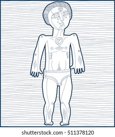 Vector lined monochrome illustration of nude male. Hand drawn image of man isolated on white symbolizing love and goodness. 