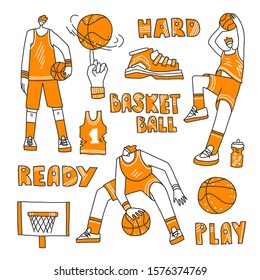 Vector lined set of basketball - basketball players, basket, ball, sneakers. Vector sport collection in modern doodle, hand draw and line style with orange color. Active sport set of basketball