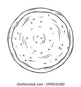 Vector line-drawn pizza. Empty pizza. Pizza dough. Black sketch isolated on a white background.