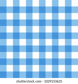 Vector Linen Gingham Checkered Blanket Tablecloth. Seamless White Blue Cloth Table Pattern Background With Natural Textile Texture. Retro Country Fabric Material For Holiday Breakfast Or Dinner Picnic