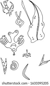 Vector liner illustration of tropical flowers, tropical leaves, abstractions, details on an isolated background for printing on paper, designers' blanks, coloring books, postcards