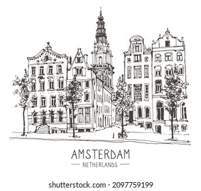 Vector liner sketch of houses in Amsterdam, Holland, hand drawing sketch, graphic illustration. Urban sketch in black color isolated on white background. Hand drawn travel postcard. Travel sketch.