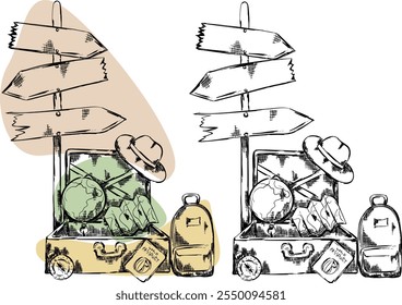 Vector liner sketch vintage suitcases with pointer. map and globe illustration, travel luggage clipart