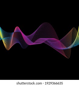 Vector lines. Abstract background and waves and stripes. Black background. Rainbow abstract wave