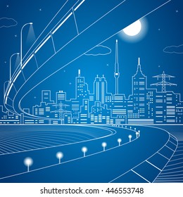 Vector lines bridge and transportation overpass, energy city, infrastructure design