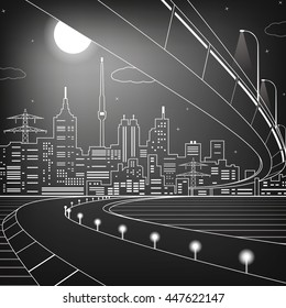 Vector lines bridge and transportation overpass, energy city, infrastructure design