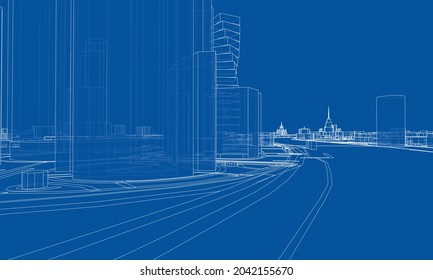 Vectores alinean edificios y carreteras de la ciudad, diseño de la ciudad. Representación vectorial de 3d. Estilo de marco de cables. Las capas de líneas visibles e invisibles están separadas