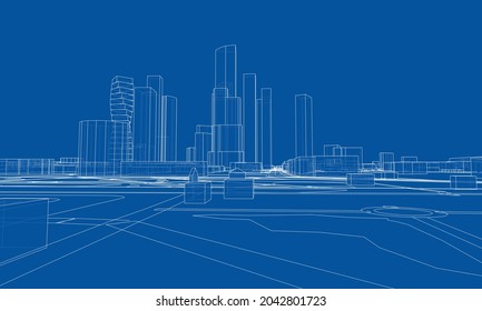 Vector lines buildings and city roads, town design. Vector rendering of 3d. Wire-frame style. The layers of visible and invisible lines are separated
