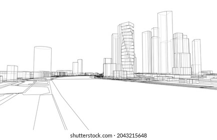 Vectores alinean edificios y carreteras de la ciudad, diseño de la ciudad. Representación vectorial de 3d. Estilo de marco de cables. Las capas de líneas visibles e invisibles están separadas