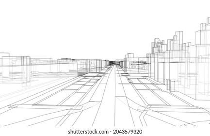 Vector lines buildings and city roads, town design. Vector rendering of 3d. Wire-frame style. The layers of visible and invisible lines are separated