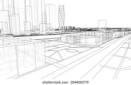 Vector lines buildings and city roads, town design. Vector rendering of 3d. Wire-frame style. The layers of visible and invisible lines are separated