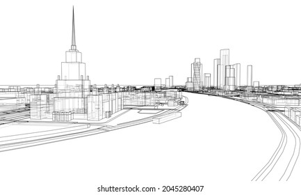 Vector lines buildings and city roads, town design. Vector rendering of 3d. Wire-frame style. The layers of visible and invisible lines are separated