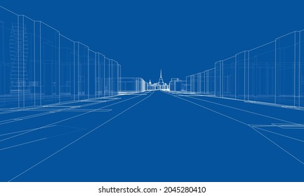 Vectores alinean edificios y carreteras de la ciudad, diseño de la ciudad. Representación vectorial de 3d. Estilo de marco de cables. Las capas de líneas visibles e invisibles están separadas