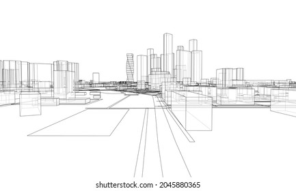 Vector lines buildings and city roads, town design. Vector rendering of 3d. Wire-frame style. The layers of visible and invisible lines are separated