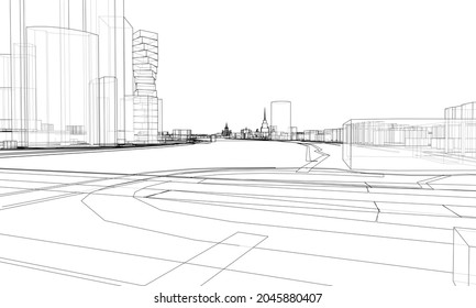 Vector lines buildings and city roads, town design. Vector rendering of 3d. Wire-frame style. The layers of visible and invisible lines are separated