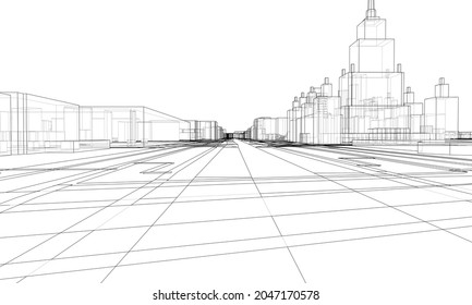 Vector lines buildings and city roads, town design. Vector rendering of 3d. Wire-frame style. The layers of visible and invisible lines are separated