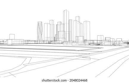 Vectores alinean edificios y carreteras de la ciudad, diseño de la ciudad. Representación vectorial de 3d. Estilo de marco de cables. Las capas de líneas visibles e invisibles están separadas