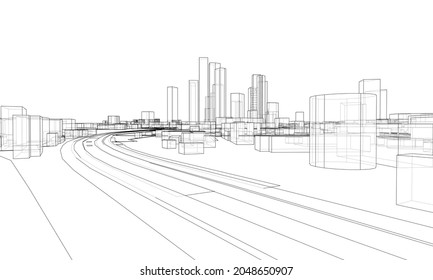 Vectores alinean edificios y carreteras de la ciudad, diseño de la ciudad. Representación vectorial de 3d. Estilo de marco de cables. Las capas de líneas visibles e invisibles están separadas