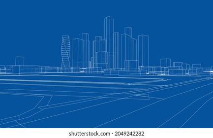 Vector lines buildings and city roads, town design. Vector rendering of 3d. Wire-frame style. The layers of visible and invisible lines are separated