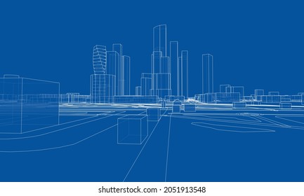 Vector lines buildings and city roads, town design. Vector rendering of 3d. Wire-frame style. The layers of visible and invisible lines are separated