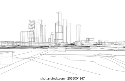 Vector lines buildings and city roads, town design. Vector rendering of 3d. Wire-frame style. The layers of visible and invisible lines are separated