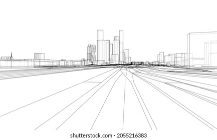 Vector lines buildings and city roads, town design. Vector rendering of 3d. Wire-frame style. The layers of visible and invisible lines are separated