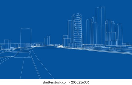 Vector lines buildings and city roads, town design. Vector rendering of 3d. Wire-frame style. The layers of visible and invisible lines are separated