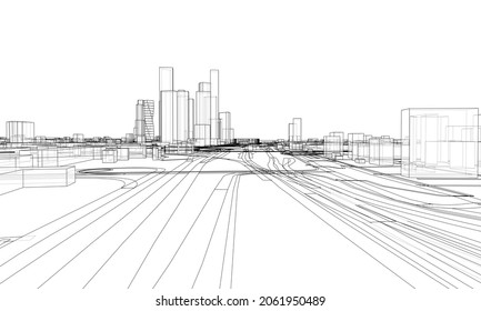 Vector lines buildings and city roads, town design. Vector rendering of 3d. Wire-frame style. The layers of visible and invisible lines are separated