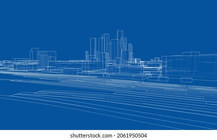 Vector lines buildings and city roads, town design. Vector rendering of 3d. Wire-frame style. The layers of visible and invisible lines are separated