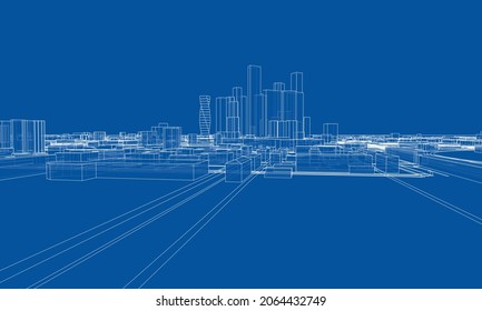 Vector lines buildings and city roads, town design. Vector rendering of 3d. Wire-frame style. The layers of visible and invisible lines are separated