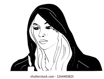 Vector lines. Christmas, the girl in the winter holding a candle, she stands next to the Church